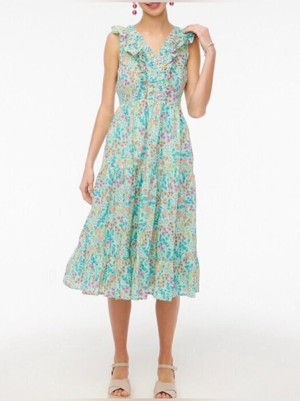 J. Crew Women’s Cotton Ruffle Smocked Midi Dress in Spearmint Floral Size 8